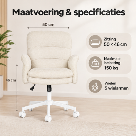 BukkitBow chenille bureaustoel met armleuningen, in beige of grijs, hoogteverstelbaar en met 5 standen voor comfort.