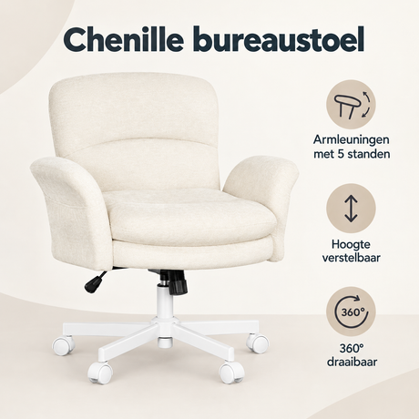 BukkitBow chenille bureaustoel met armleuningen, 5 standen, in beige of grijs, hoogte verstelbaar, comfortabele kantoorstoel