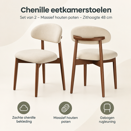Overzicht van chenille eetkamerstoelen met de belangrijkste productvoordelen