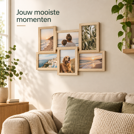 Houten collage fotolijst voor 6 foto's in eikenkleur, geschikt voor muurdecoratie, van BukkitBow.