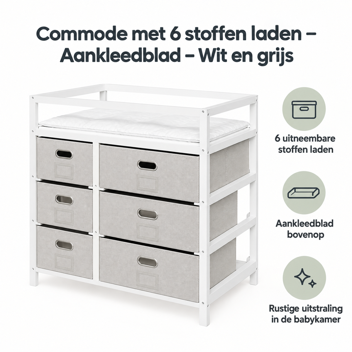 Witte en grijze commode met 6 stoffen laden en aankleedblad van BukkitBow, praktische opbergruimte voor babykamer.