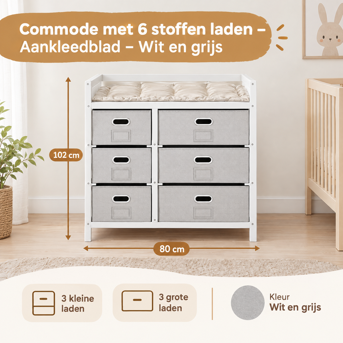 Witte en grijze commode met 6 stoffen laden en aankleedblad, meubel van BukkitBow, overzicht van maten en specificaties.