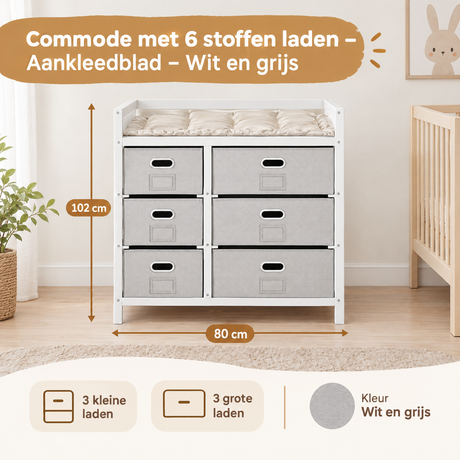 Witte en grijze commode met 6 stoffen laden en aankleedblad, meubel van BukkitBow, overzicht van maten en specificaties.