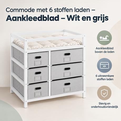 Witte en grijze commode met 6 stoffen laden en aankleedblad, geschikt voor babykamer, van BukkitBow, overzicht van kernvoordelen.