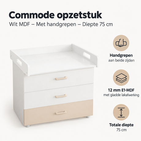 Wit MDF commode opzetstuk met handgrepen, geschikt als verschoonopzetstuk, diepte 75 cm, ontworpen door BukkitBow.