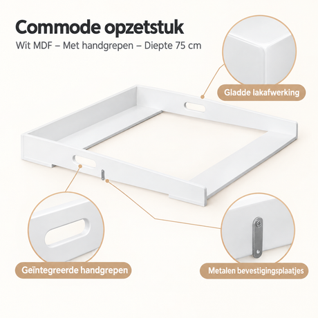 Wit MDF verschoonopzetstuk voor commode met handgrepen, diepte 75 cm, van BukkitBow, detail van het materiaal.