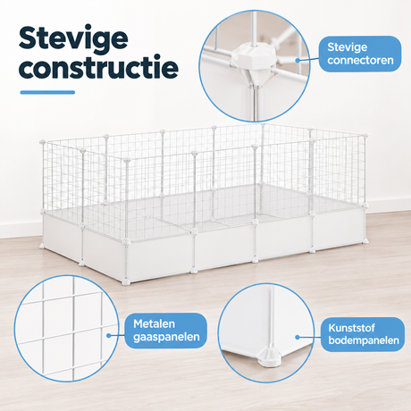 Modulaire dierenren voor binnen van BukkitBow, wit met bodempanelen, geschikt voor huisdieren, zichtbaar in detail.