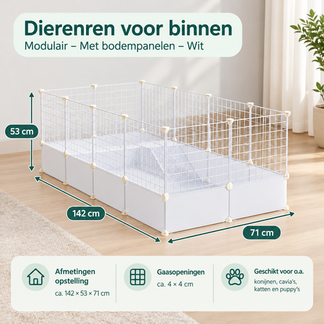 Modulaire binnen dierenren van BukkitBow met witte bodempanelen, geschikt voor huisdieren en makkelijk aanpasbaar.