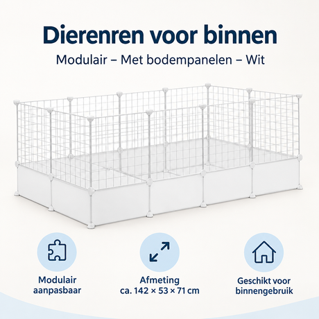 Modulaire dierenren voor binnen van BukkitBow met witte bodempanelen, overzicht van kernvoordelen en flexibel op te zetten.