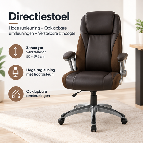 BukkitBow directiestoel met hoge rugleuning, verstelbare zithoogte en opklapbare armleuningen, geschikt voor comfortabel gebruik
