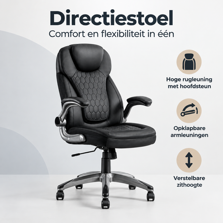 BukkitBow directiestoel met hoge rugleuning, opklapbare armleuningen en verstelbare zithoogte, comfortabel en praktisch.