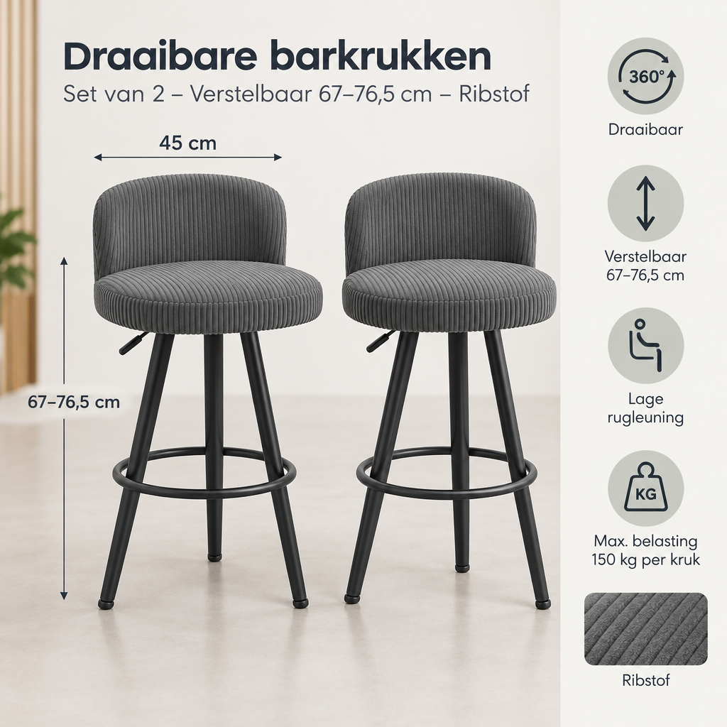 Afmetingen en productspecificaties van draaibare barkrukken set van 2