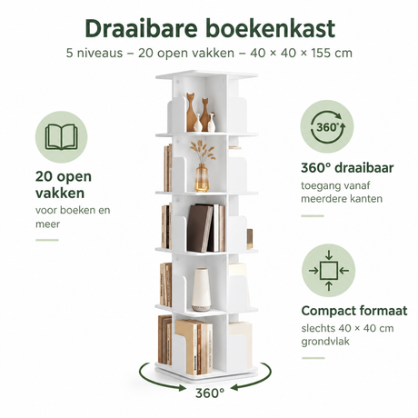 Draaibare boekenkast van BukkitBow met 5 niveaus en 20 open vakken, 40x40x155 cm, in natuurlijke houtkleur.