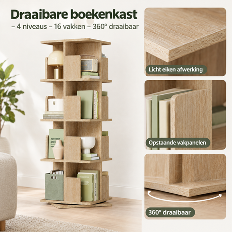 Detail van materiaal en afwerking van draaibare boekenkast