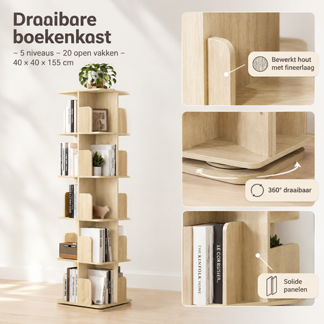 Draaibare boekenkast van BukkitBow met 5 niveaus en 20 open vakken, diameter 40 cm, hoogte 155 cm, detail van het materiaal