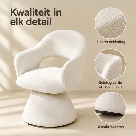 Detail van materiaal en afwerking van draaibare eetkamerstoel
