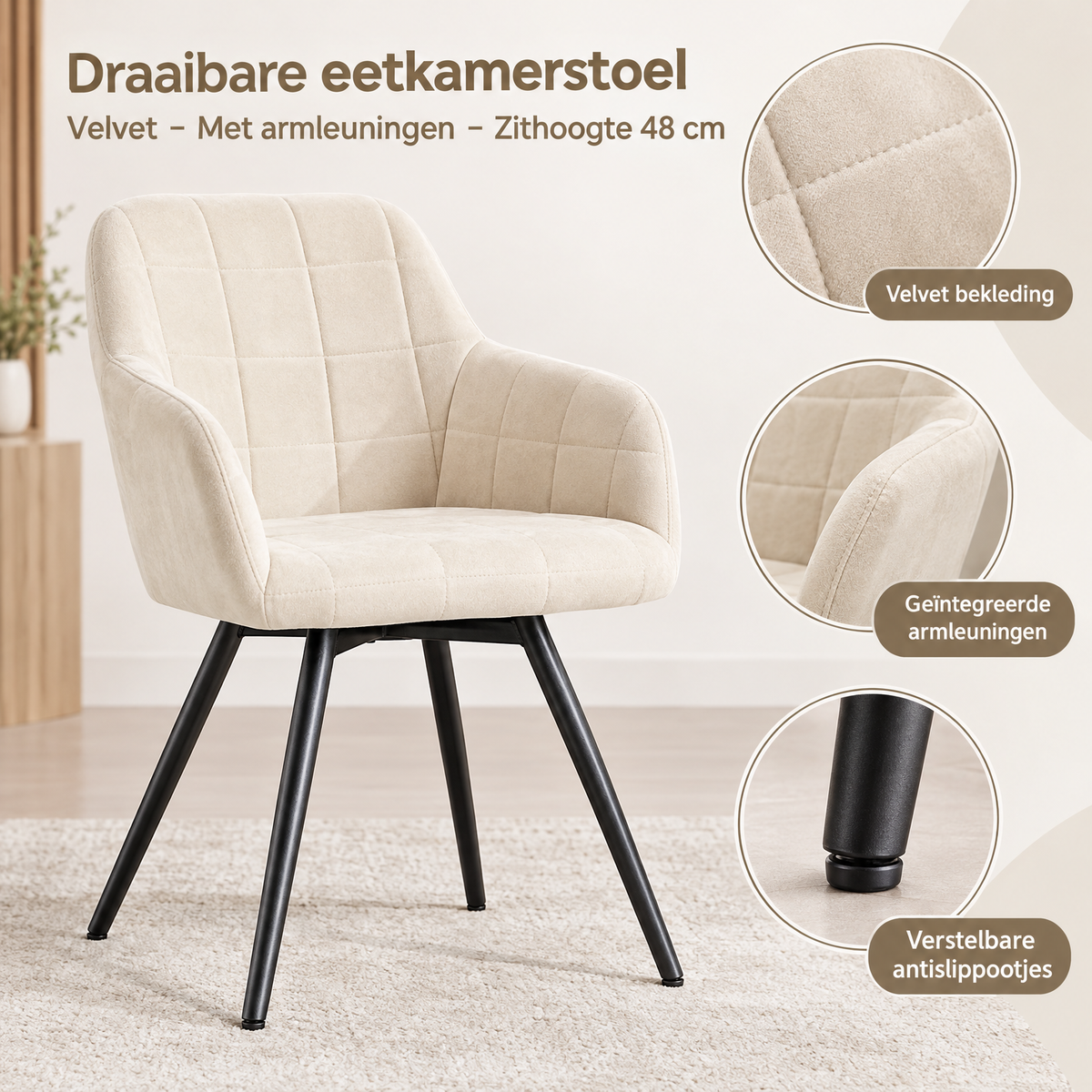 Detail van materiaal en afwerking van draaibare eetkamerstoel