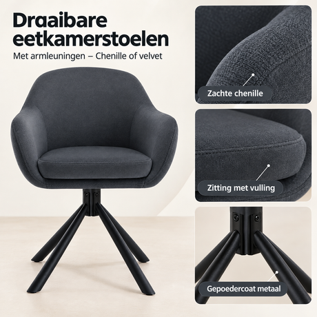 Detail van materiaal en afwerking van draaibare eetkamerstoelen
