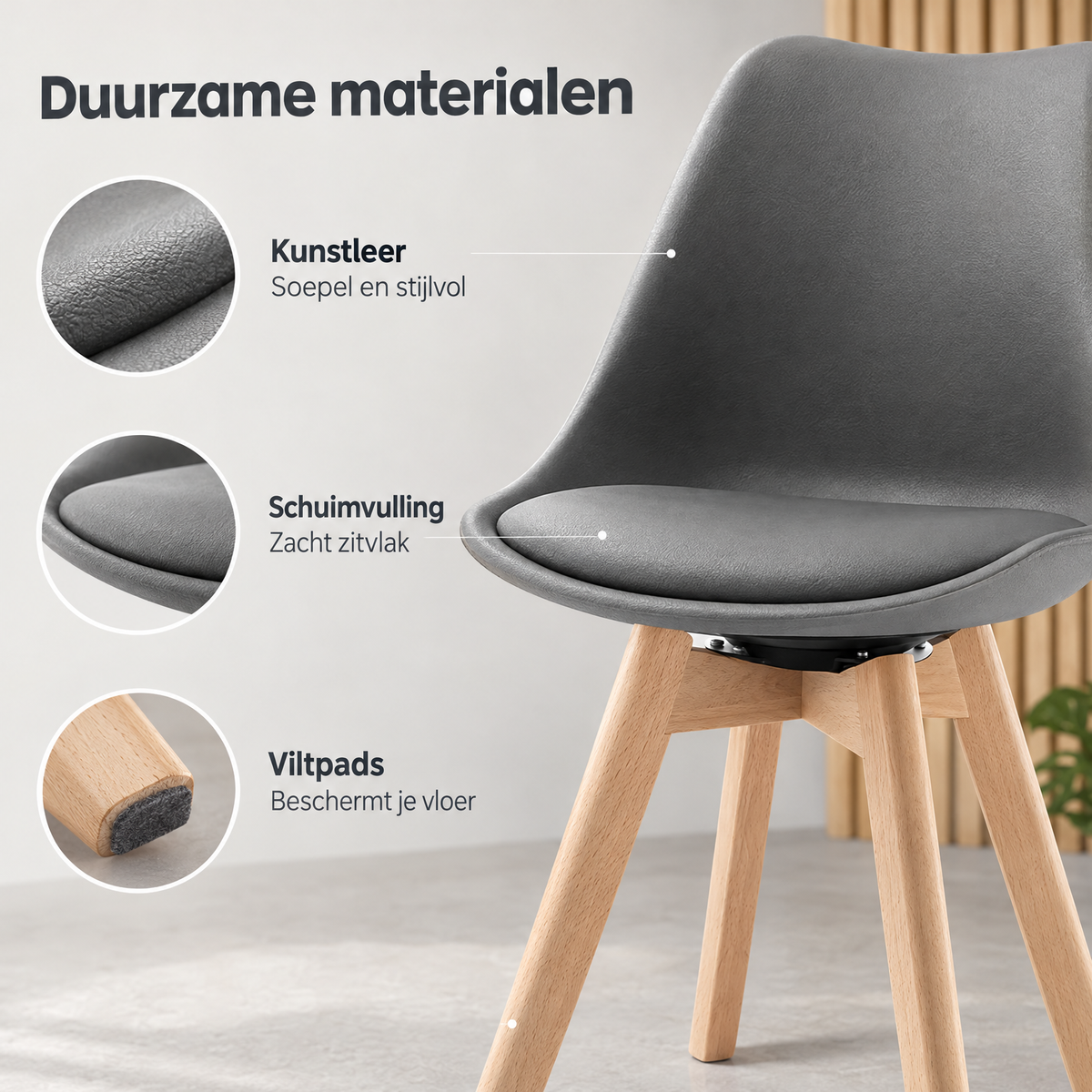 Detail van materiaal en afwerking van draaibare eetkamerstoelen