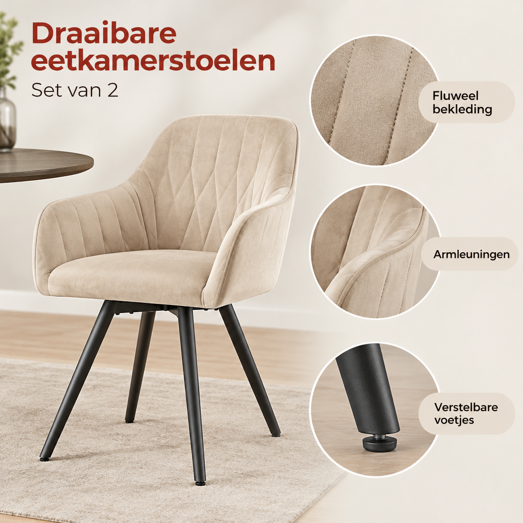 Detail van materiaal en afwerking van draaibare eetkamerstoelen