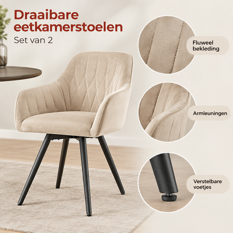 Detail van materiaal en afwerking van draaibare eetkamerstoelen