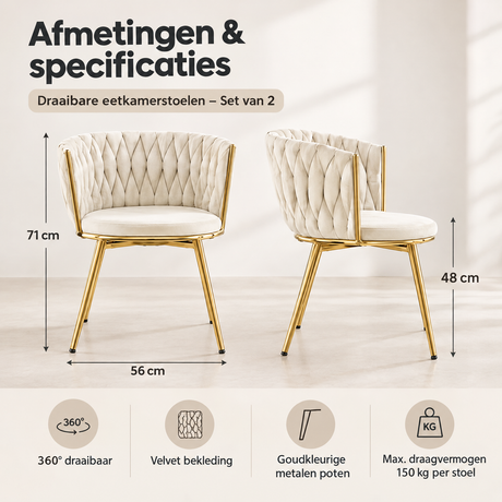Afmetingen en productspecificaties van draaibare eetkamerstoelen