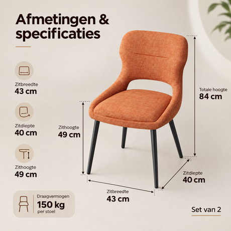 Afmetingen en productspecificaties van draaibare eetkamerstoelen