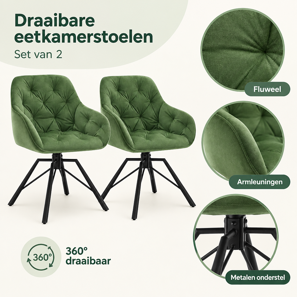 Detail van materiaal en afwerking van draaibare eetkamerstoelen set van 2