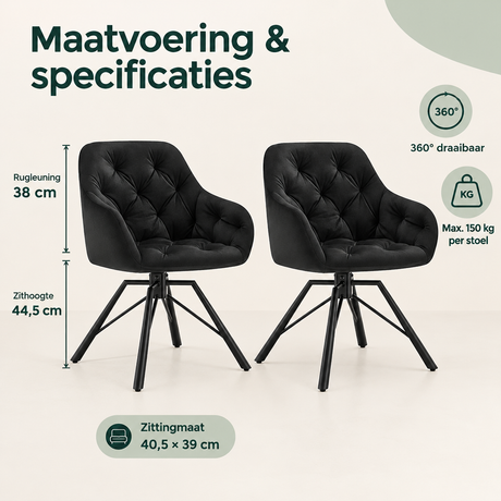 Afmetingen en productspecificaties van draaibare eetkamerstoelen set van 2