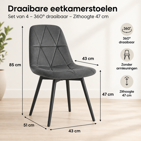 Set van 4 draaibare eetkamerstoelen van BukkitBow met 360° draaiing en zithoogte van 47 cm, zichtbaar in de afbeelding.