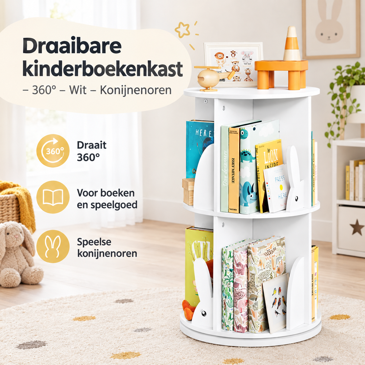 Praktische toepassing en keuzehulp voor draaibare kinderboekenkast