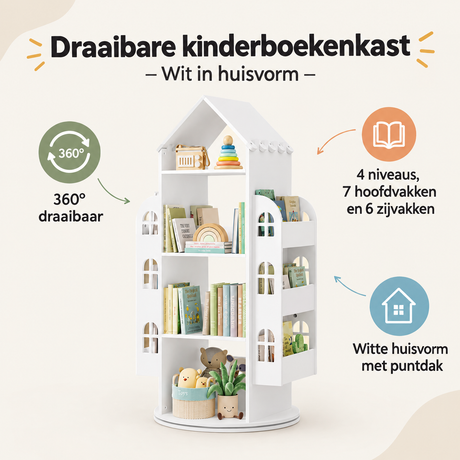 Overzicht van draaibare kinderboekenkast met de belangrijkste productvoordelen