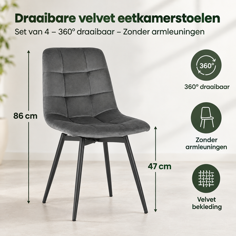 Afmetingen en productspecificaties van draaibare velvet eetkamerstoelen