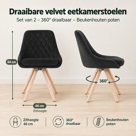 Afmetingen en productspecificaties van draaibare velvet eetkamerstoelen