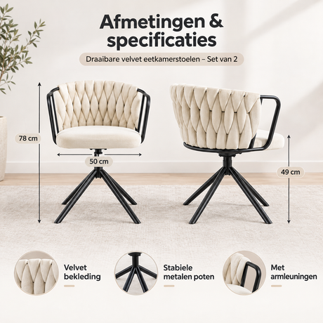 Afmetingen en productspecificaties van draaibare velvet eetkamerstoelen