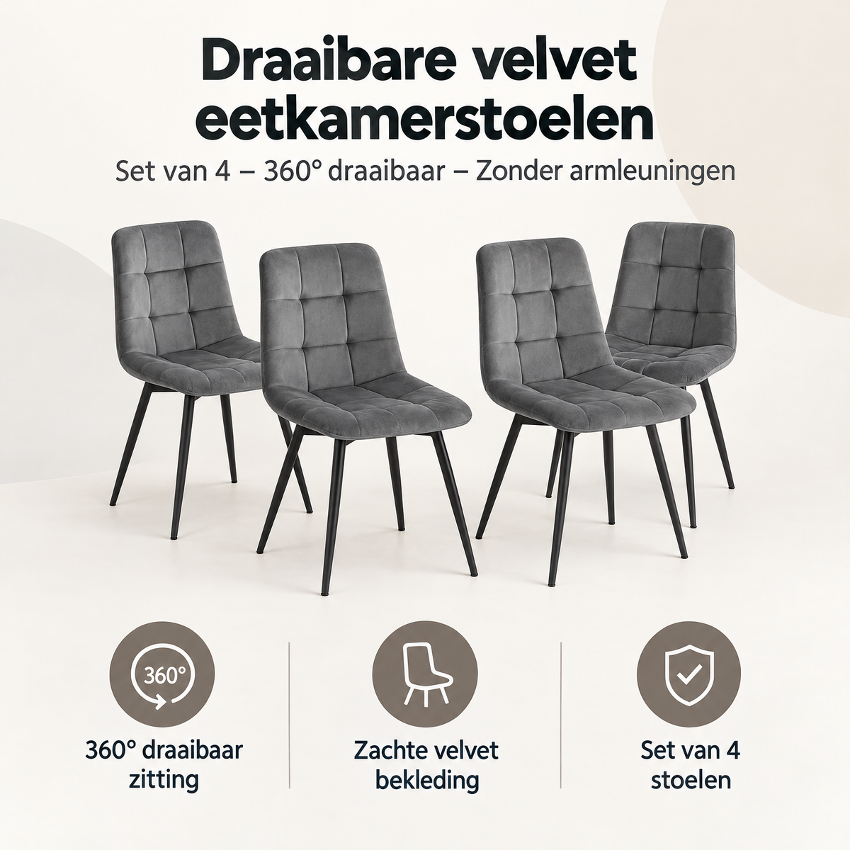 Overzicht van draaibare velvet eetkamerstoelen met de belangrijkste productvoordelen
