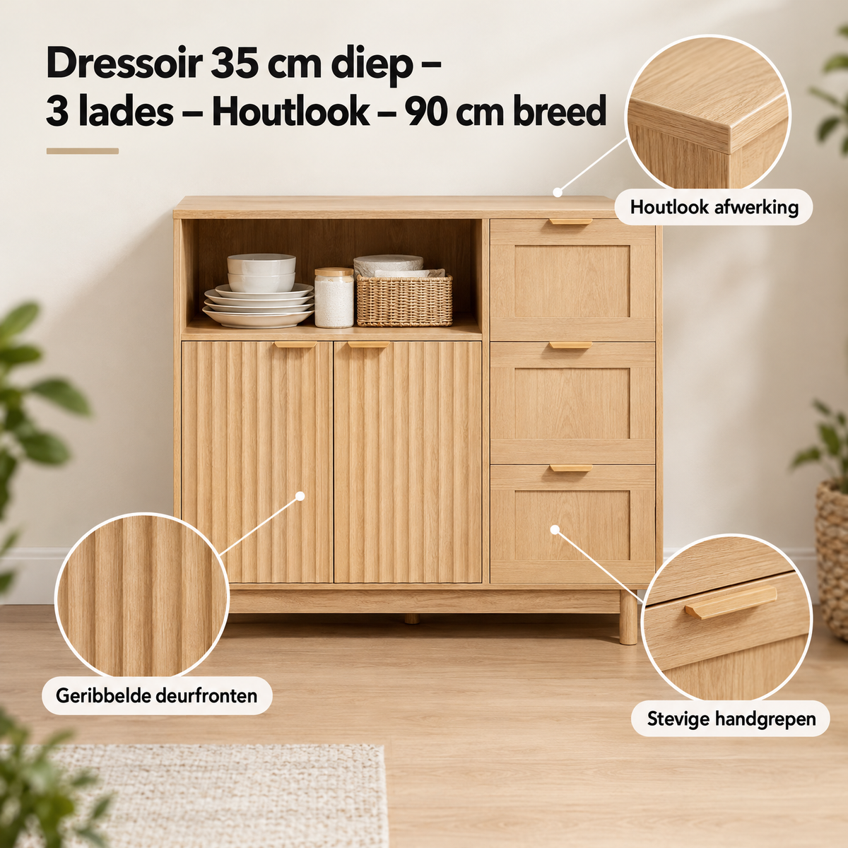 Detail van materiaal en afwerking van dressoir 35 cm diep
