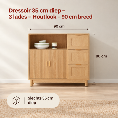 Afmetingen en productspecificaties van dressoir 35 cm diep