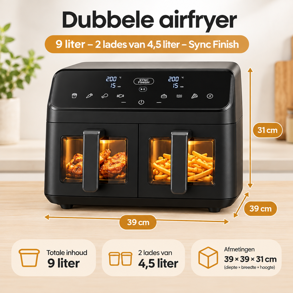Afmetingen en productspecificaties van dubbele airfryer