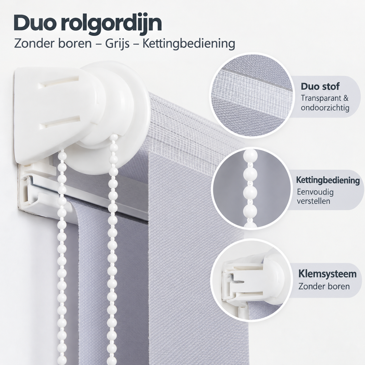 Duo rolgordijn van BukkitBow in grijs met kettingbediening, zonder boren, zichtbaar met stof en montagemateriaal.