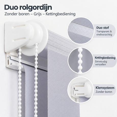 Duo rolgordijn van BukkitBow in grijs met kettingbediening, zonder boren, zichtbaar met stof en montagemateriaal.