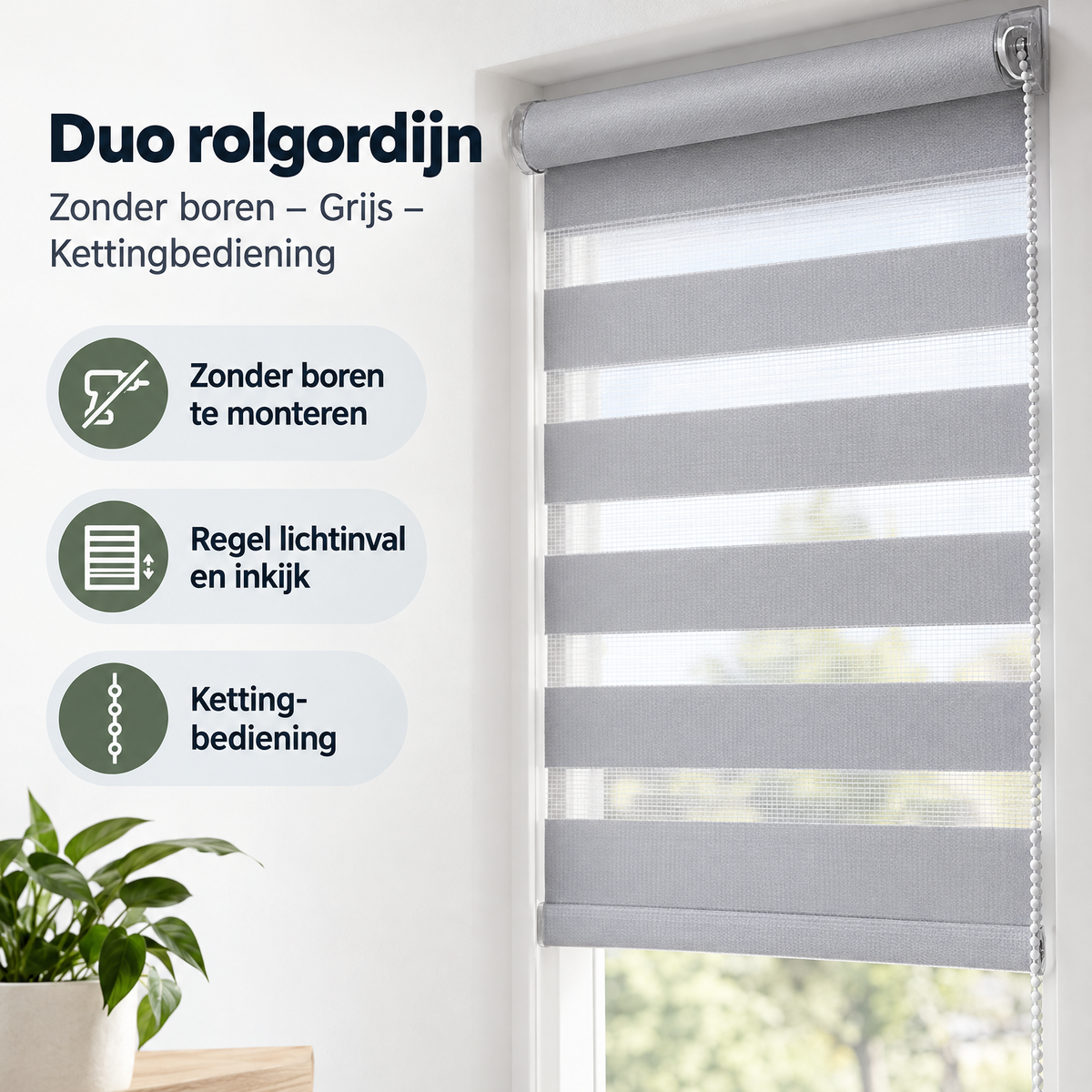 Duo rolgordijn van BukkitBow in grijs met kettingbediening, zonder boren, geschikt voor eenvoudige montage en moderne raamdecoratie