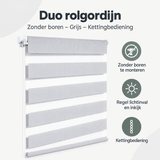 Duo rolgordijn zonder boren in grijs met kettingbediening van BukkitBow, overzicht van kernvoordelen.