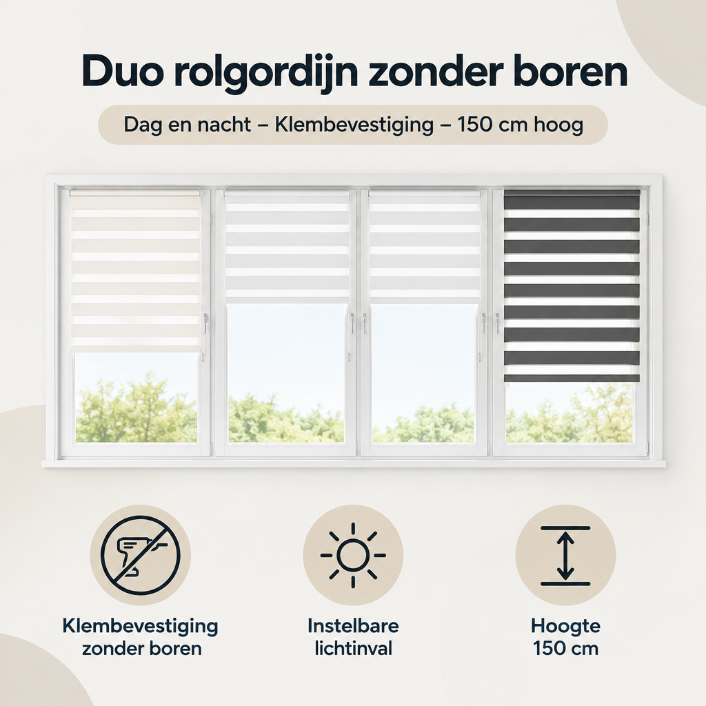 Overzicht van duo rolgordijn zonder boren met de belangrijkste productvoordelen