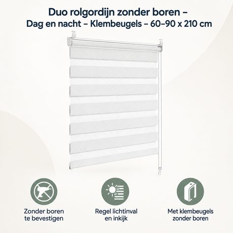 Overzicht van duo rolgordijn zonder boren met de belangrijkste productvoordelen