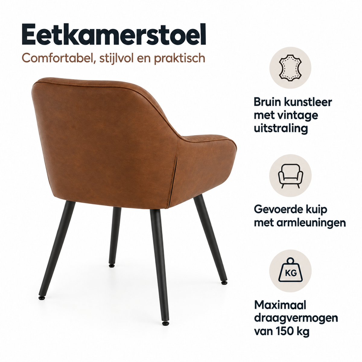 Bruine eetkamerstoel van kunstleer met armleuningen, vintage stijl en 150 kg draagvermogen, door BukkitBow.