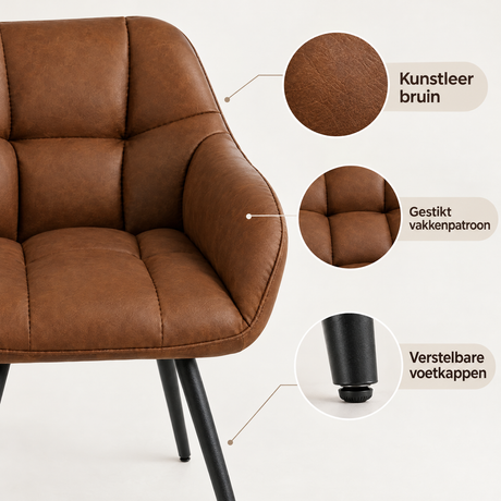 Detail van materiaal en afwerking van eetkamerstoel bruin kunstleer