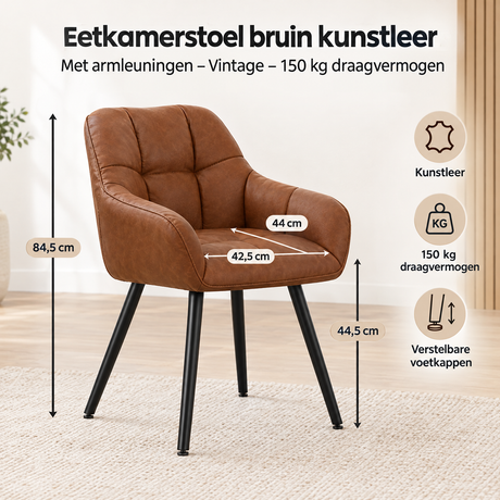 Afmetingen en productspecificaties van eetkamerstoel bruin kunstleer