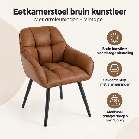 Overzicht van eetkamerstoel bruin kunstleer met de belangrijkste productvoordelen