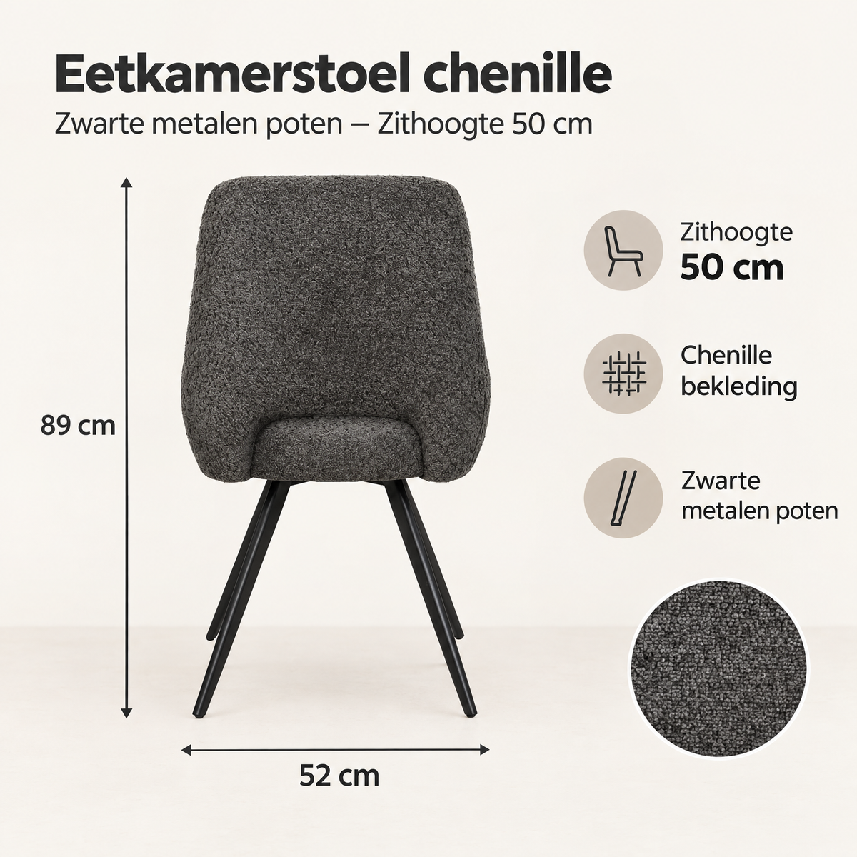 Afmetingen en productspecificaties van eetkamerstoel chenille